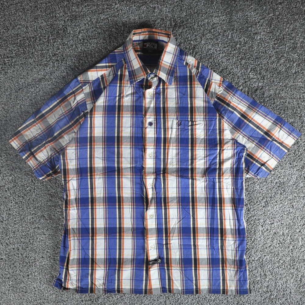 Southpole Men's Large Blue Orange Plaid Short Sleeve Button Up Shirt